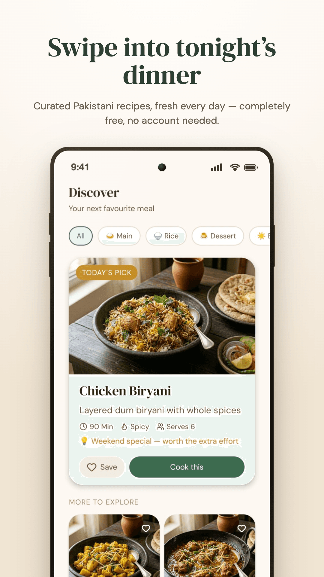 Swipe into tonight's dinner app screenshot