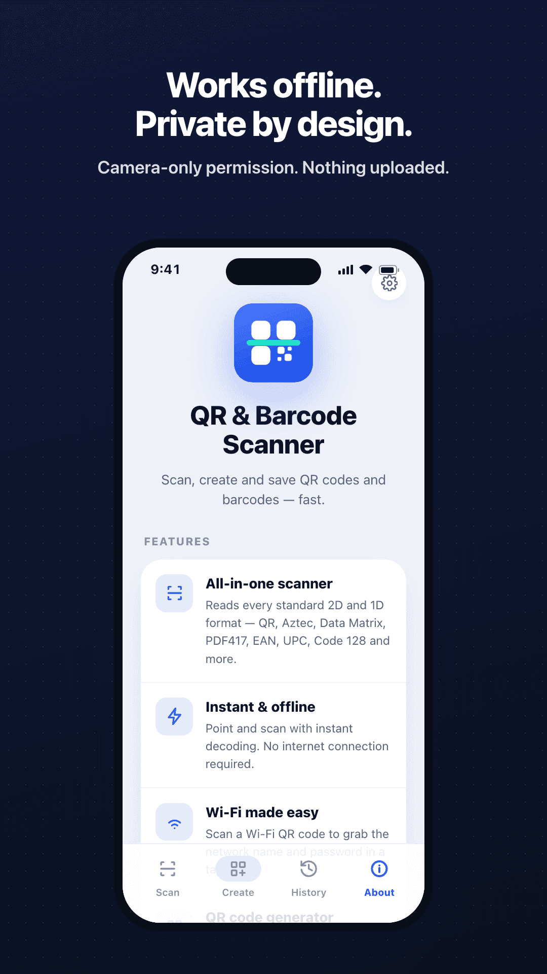 Works offline. Private by design. app screenshot